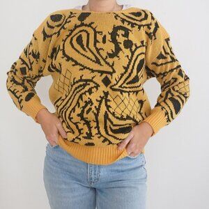 Vintage Paris Star Yellow Black Paisley Knit 20% Mohair Wool Sweater 38